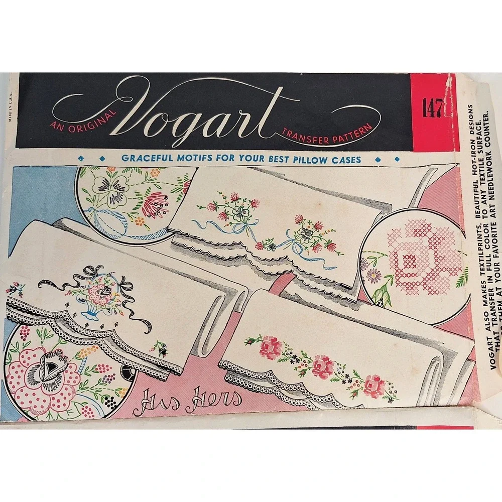 Lot Of 2 Vogart Transfer Floral Patterns Pillowcases Dresser Scarves Towel